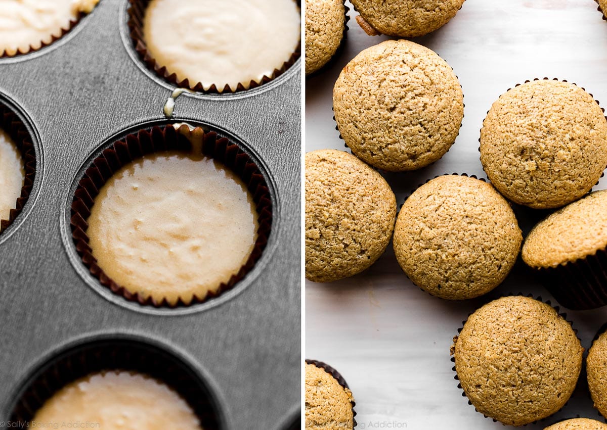 two side by side photos of Baileys flavored cupcakes before and after baking
