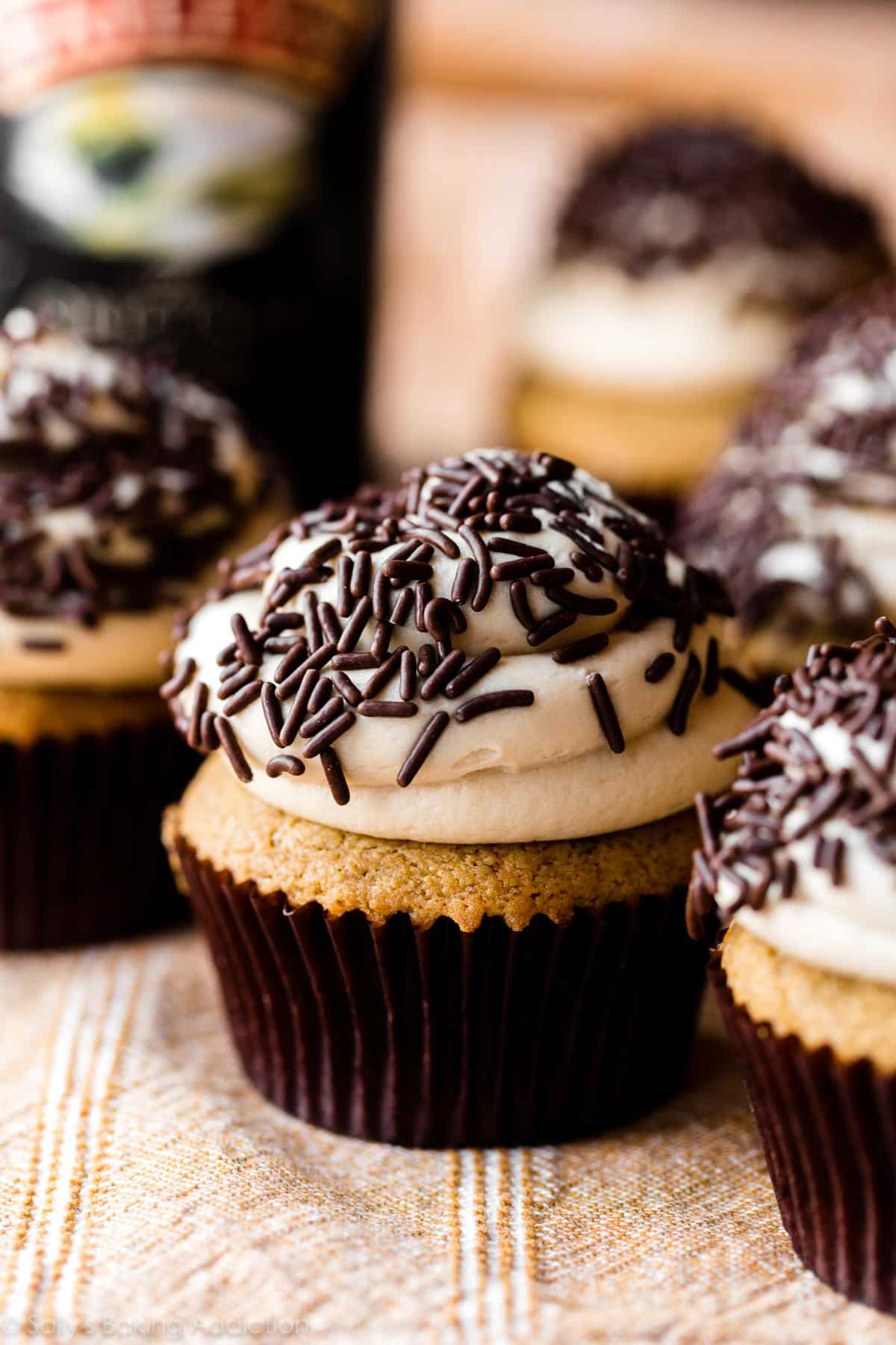 Baileys Irish coffee cupcakes with Baileys flavored buttercream and chocolate sprinkles on top