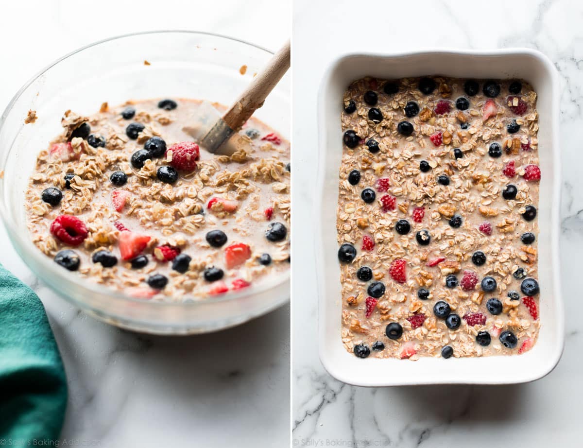 2 images of baked oatmeal mixture in a glass bowl and in white baking dish before baking