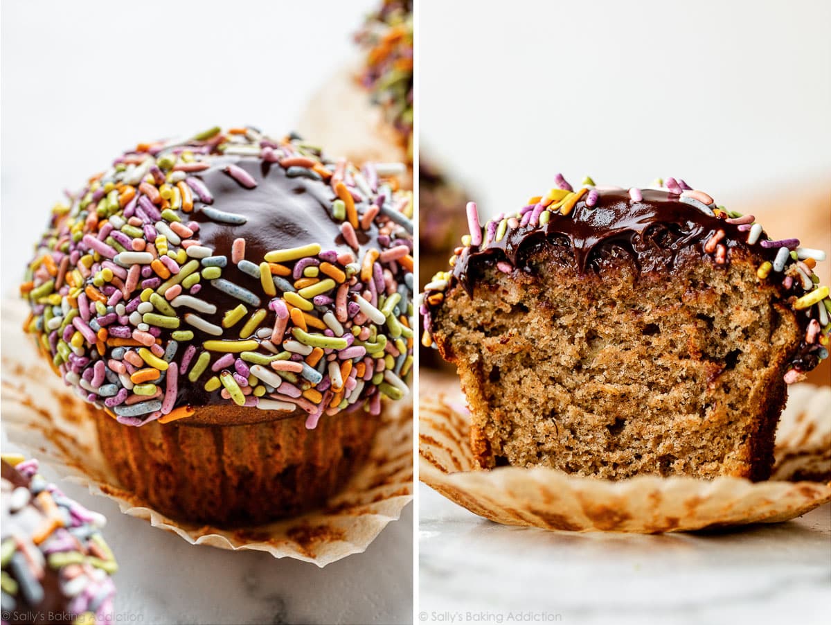 banana muffins with chocolate ganache and rainbow sprinkles on top