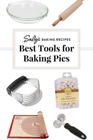 graphic displaying pie baking tools including a glass pie dish, wooden rolling pin, pastry cutter, pie weights, pastry wheel, and mat.