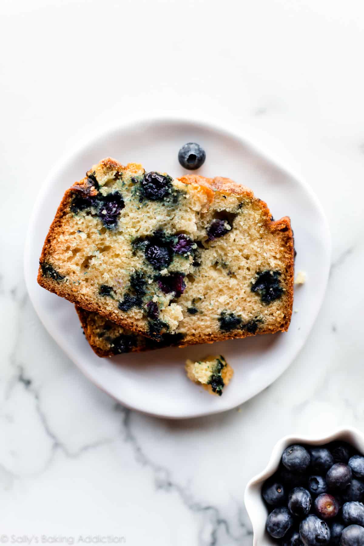 slices of blueberry muffin bread on a white plate