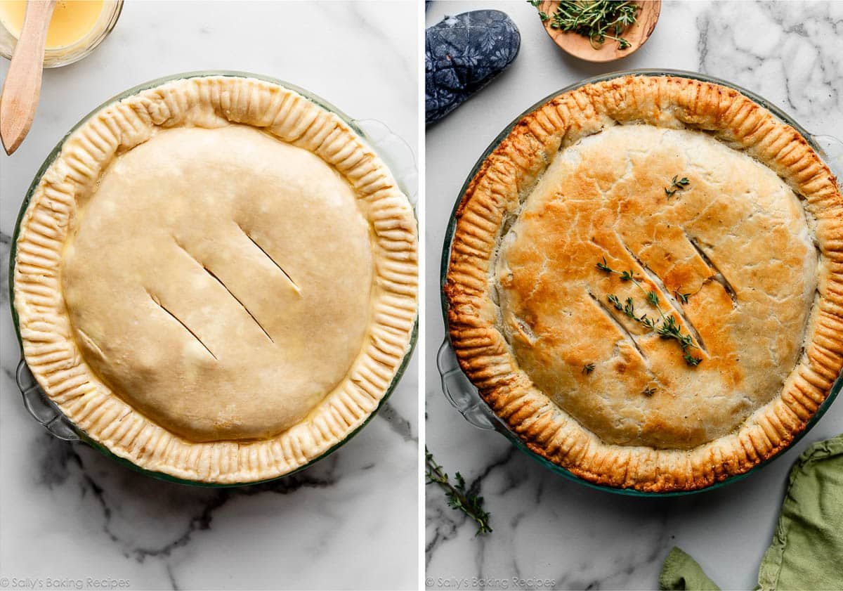 pot pie with pie crust before and after baking.
