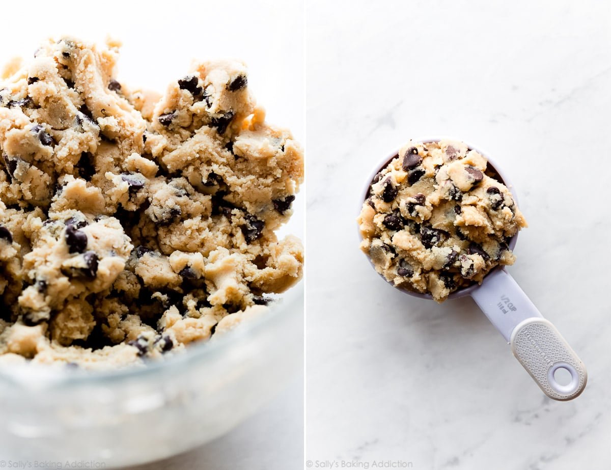 2 images of chocolate chip cookie dough in a glass bowl and in measuring cup