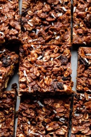 close up photo of chocolate fudge oat bars with raisins and peanuts.