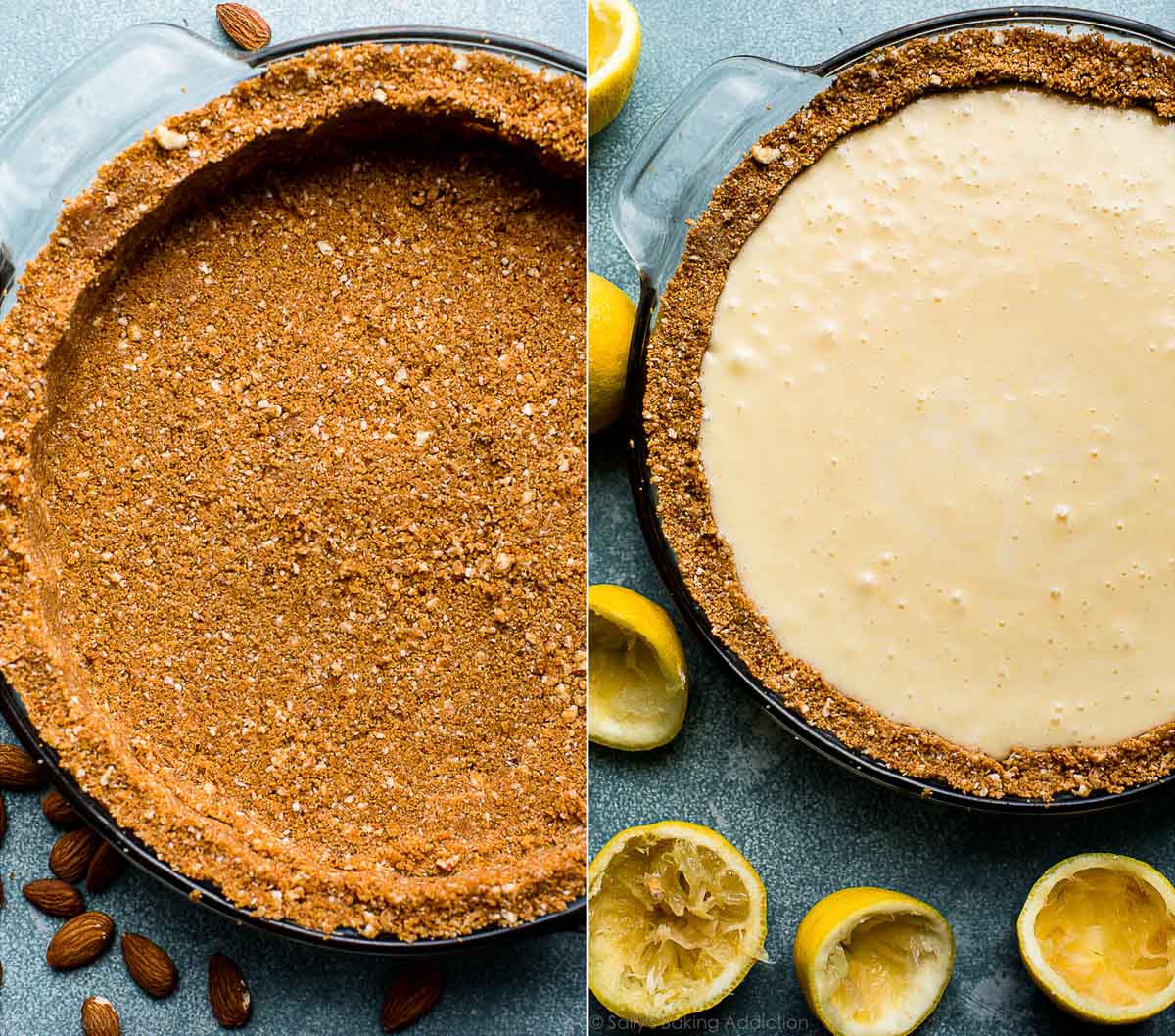 2 images of graham cracker crust in a glass pie dish and lemon pie filling in pie dish before baking