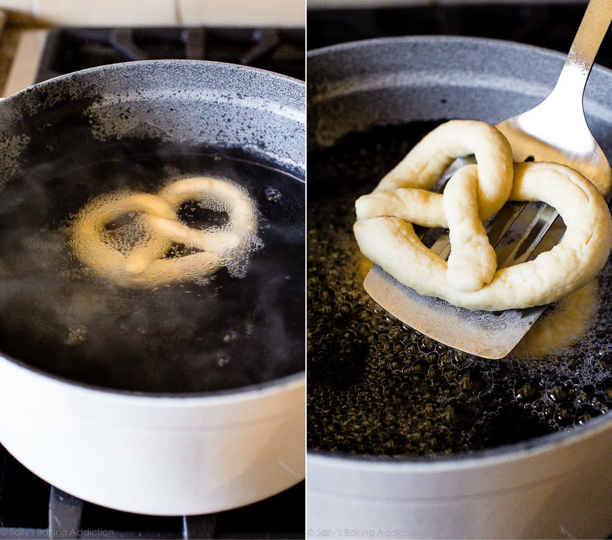 2 images of a soft pretzel in a pot for a baking soda bath on the stove and using a slotted spatula to remove soft pretzel from baking soda bath