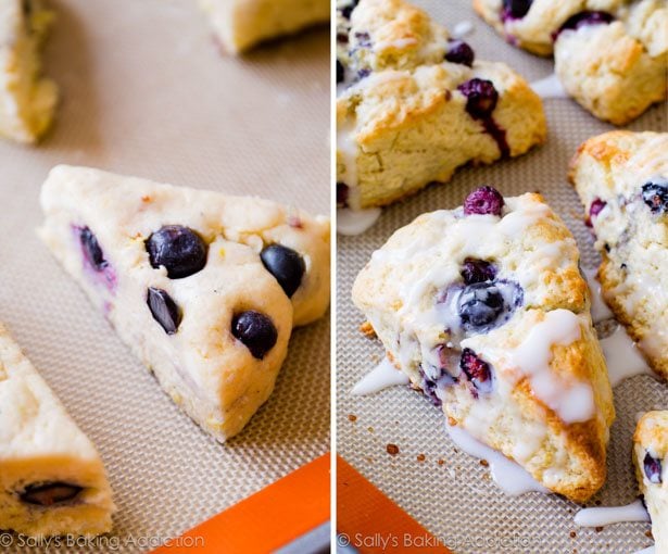 2 images of lemon blueberry scones before and after baking on a silpat baking mat