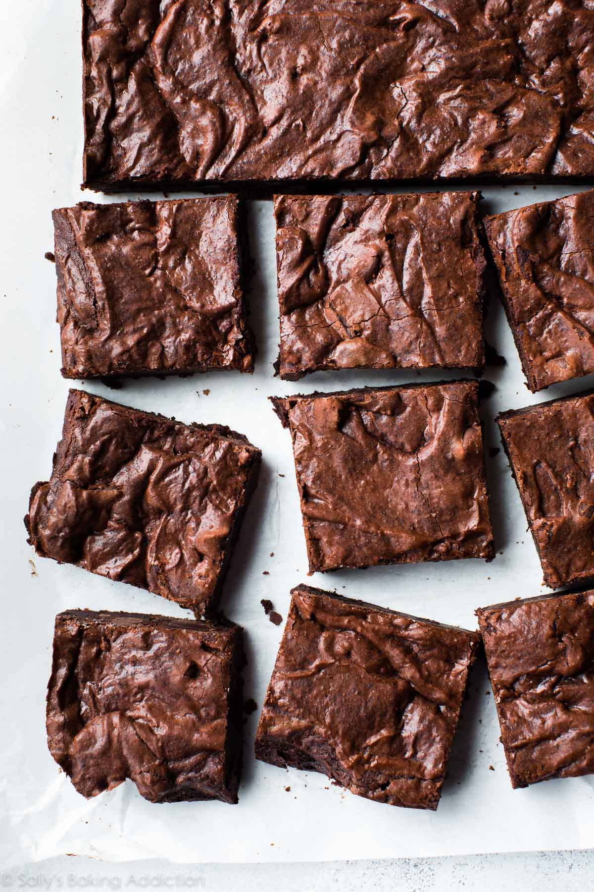 overhead image of fudgy brownies cut into squares