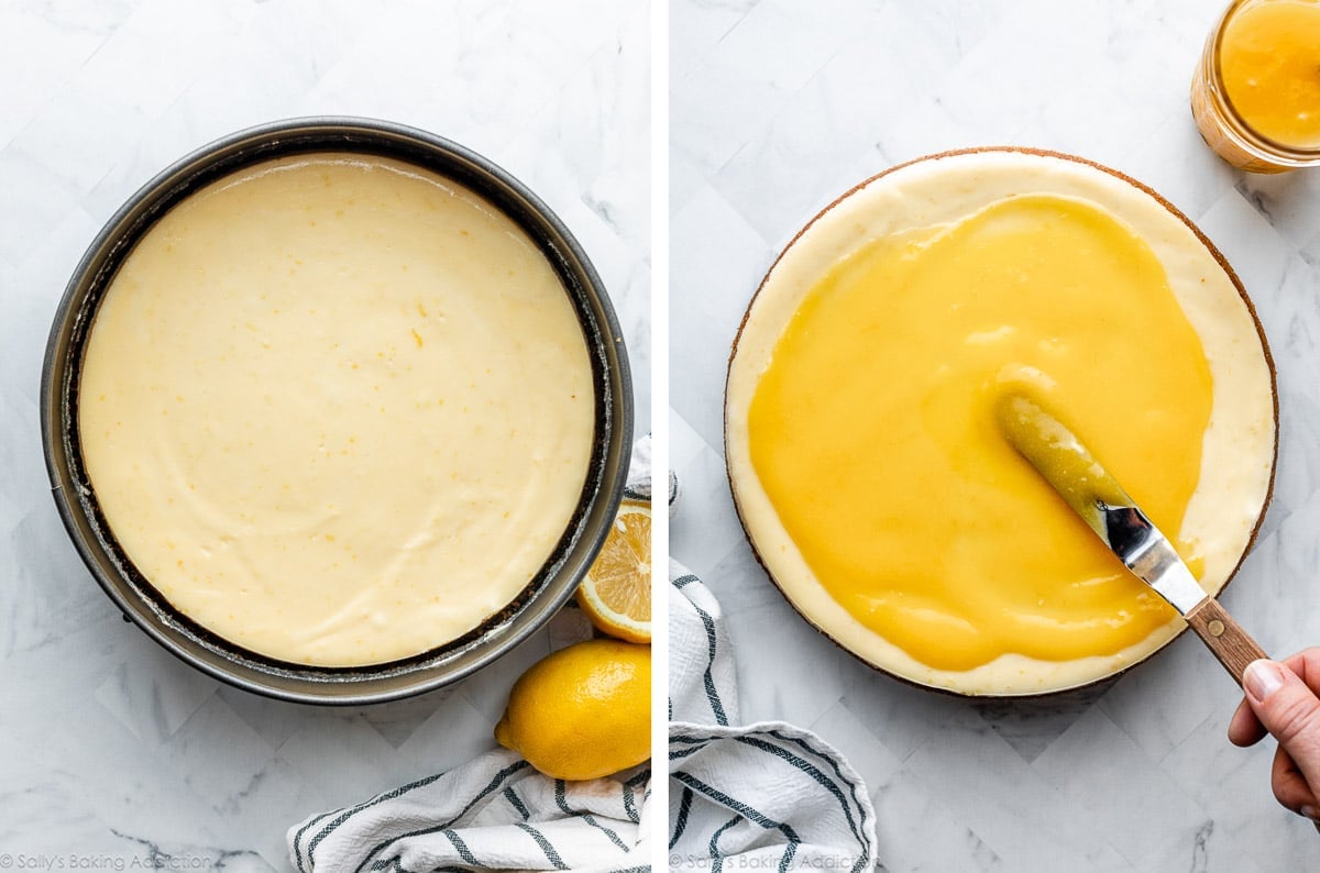 cheesecake in springform pan and shown again with lemon curd being spread on top.