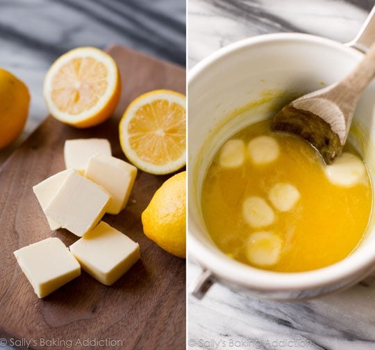 2 images of butter for lemon curd on a cutting board and in a double boiler