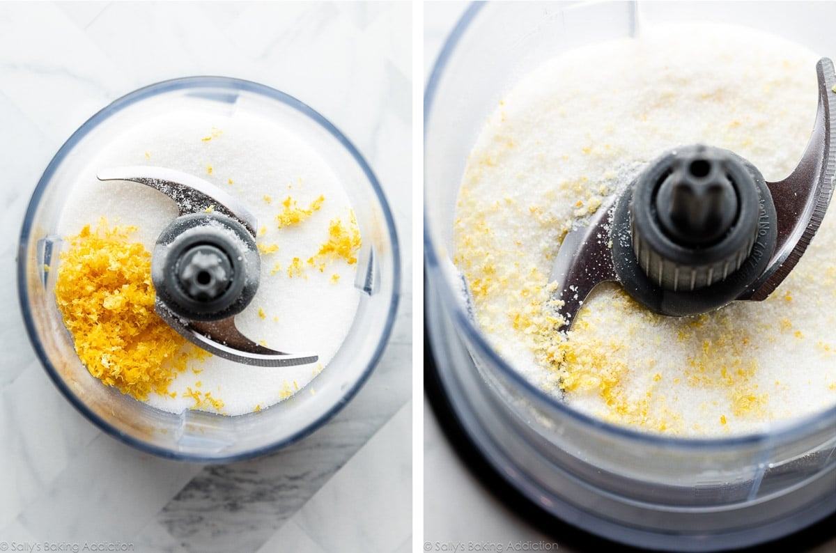lemon zest on top of sugar in food processor bowl and shown again pulsed together.