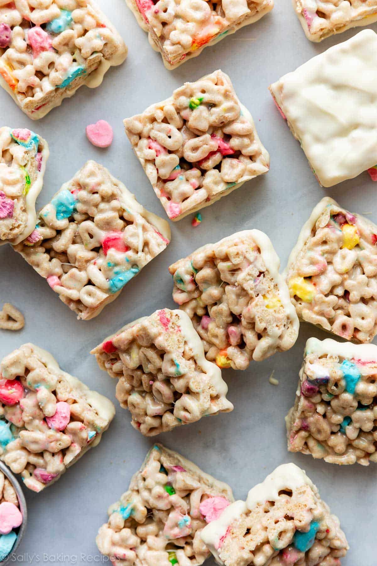 lucky charms cereal treats dipped in white chocolate.