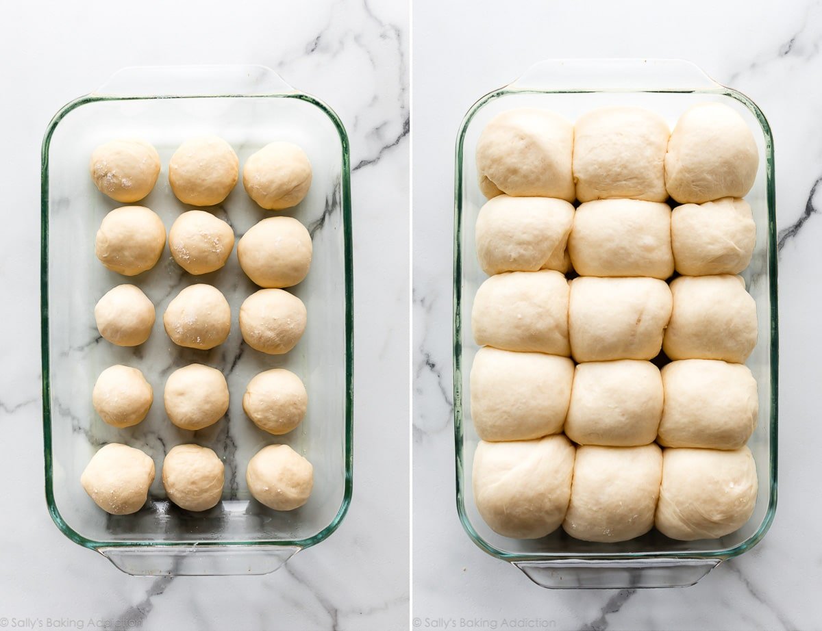 2 images of shaped dinner roll dough in baking pan before and after rising