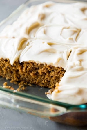 spice cake with cream cheese frosting in a glass baking dish