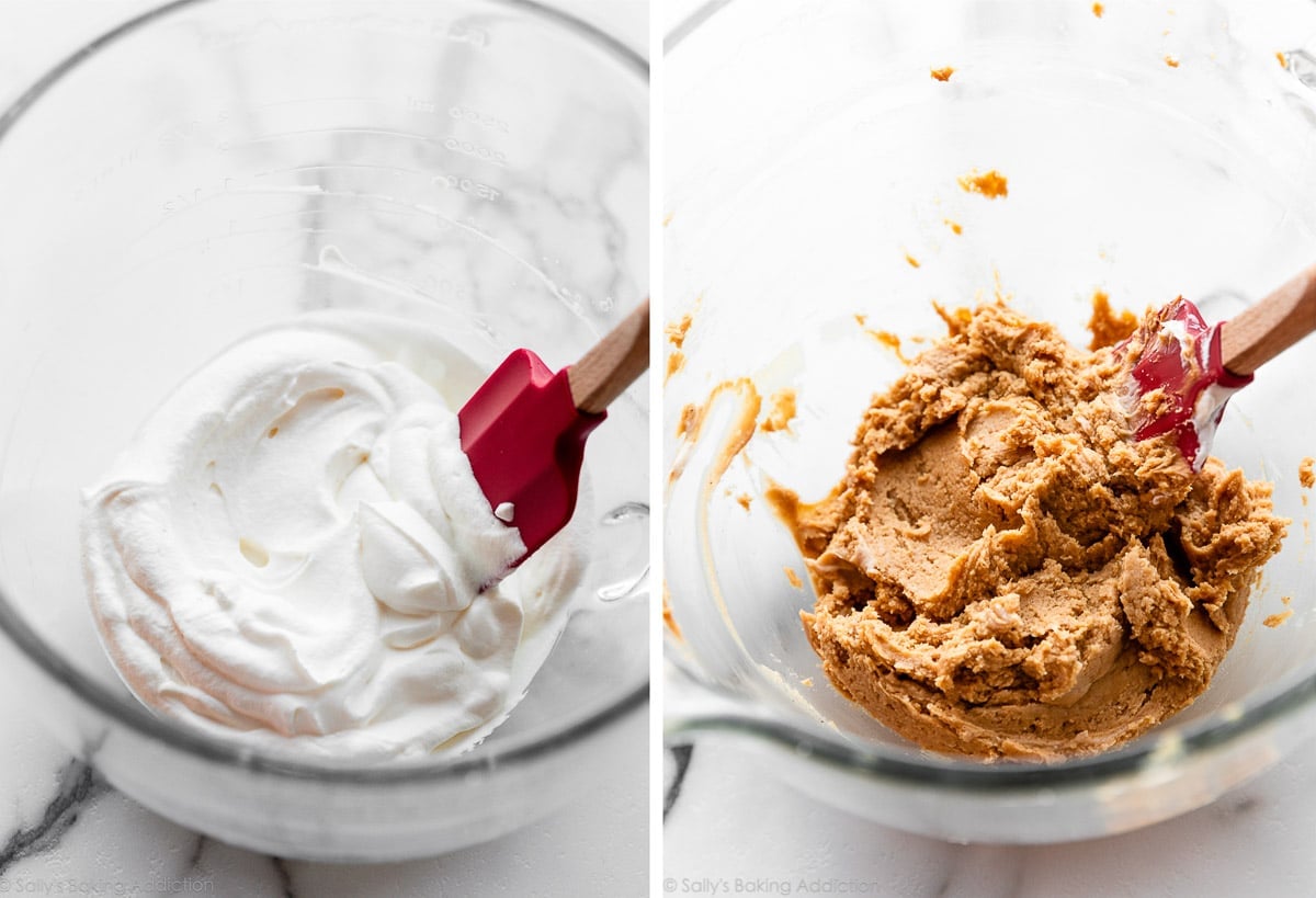 whipped cream in glass bowl and peanut butter cream cheese mixture in separate bowl.
